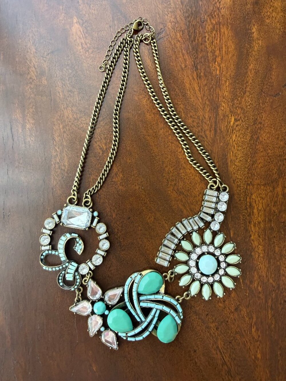 Mint green and brass costume jewelry necklace